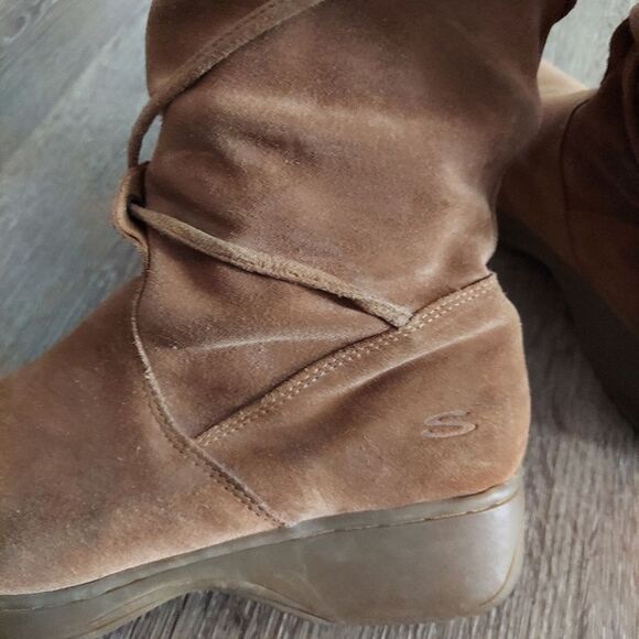 Vtg SKECHERS Tan Suede Leather Slouch Boot Mid Calf Tie Wrap Winter - Size 7 - Picture 6 of 7